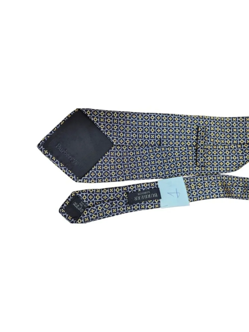 Burberry London 100% Silk Navy Gold Geometric Medallion Tie Made Italy